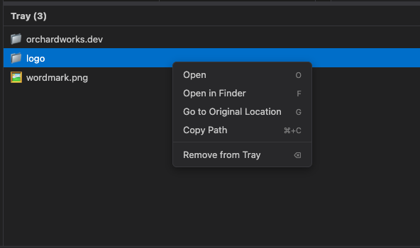 Tray with pinned files from different directories
